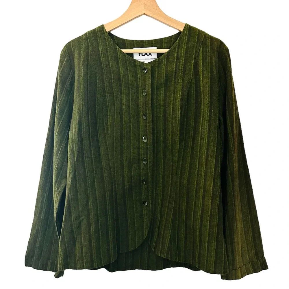 Flax *Discolored* Cotton Button Front Curved Hem Blazer Jacket Green Stripe